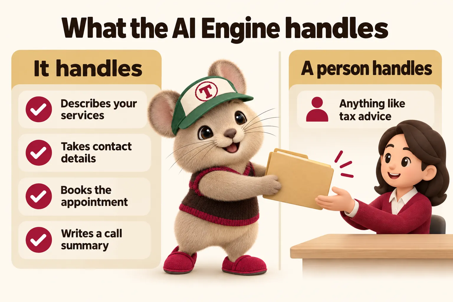What the AI Engine handles. It handles: describes your services, takes contact details, books the appointment, writes a call summary. A person handles: anything like tax advice. Tidbit hands the folder across.