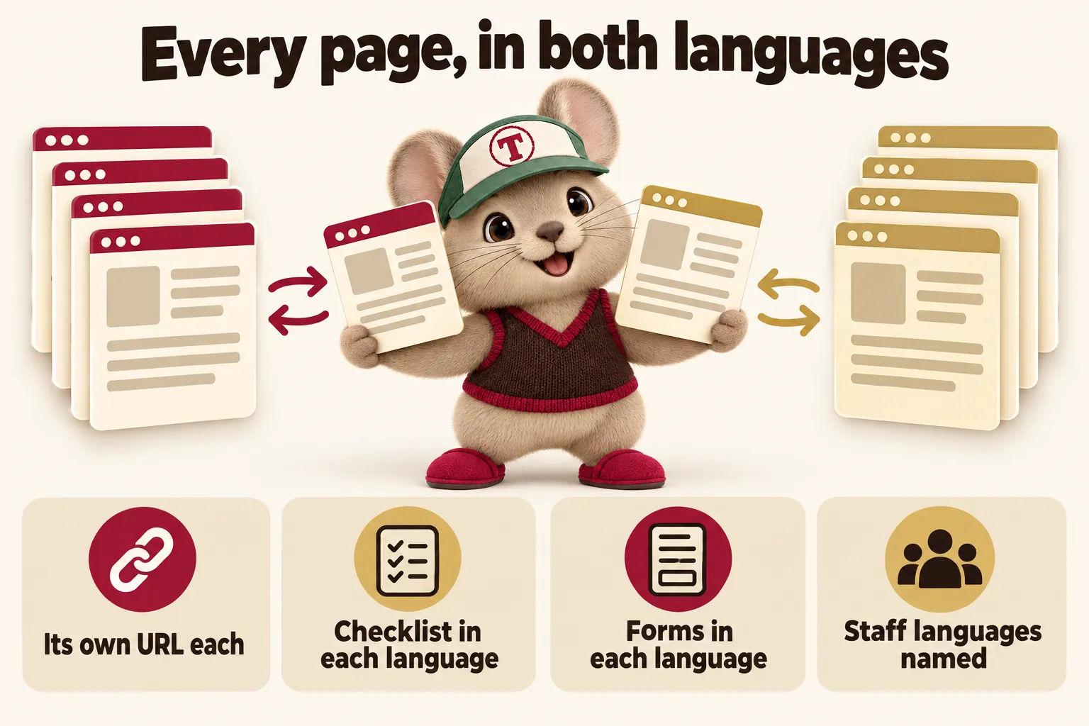 Every page, in both languages: its own URL each, checklist in each language, forms in each language, staff languages named. Tidbit holds a page from each stack.