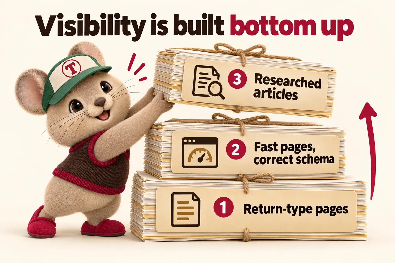 Visibility is built bottom up: 1 return-type pages, 2 fast pages and correct schema, 3 researched articles. Tidbit lifts the top layer into place.