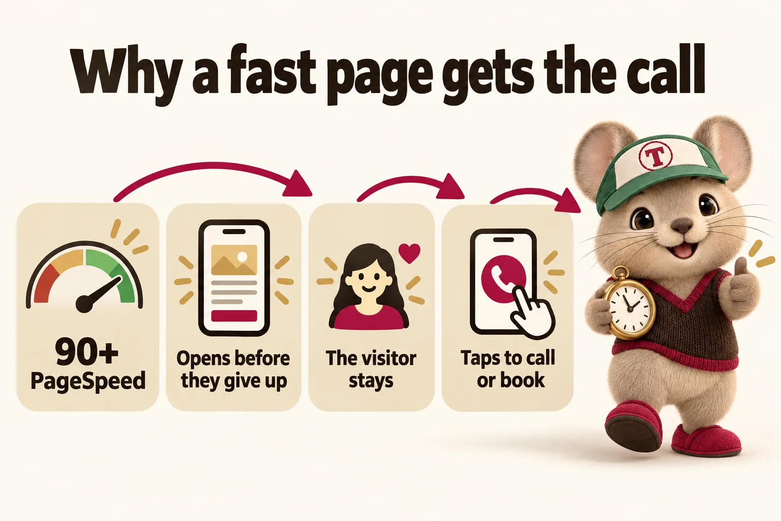 Why a fast page gets the call: 90+ PageSpeed, opens before they give up, the visitor stays, taps to call or book. Tidbit holds a pocket watch and gives a thumbs-up.