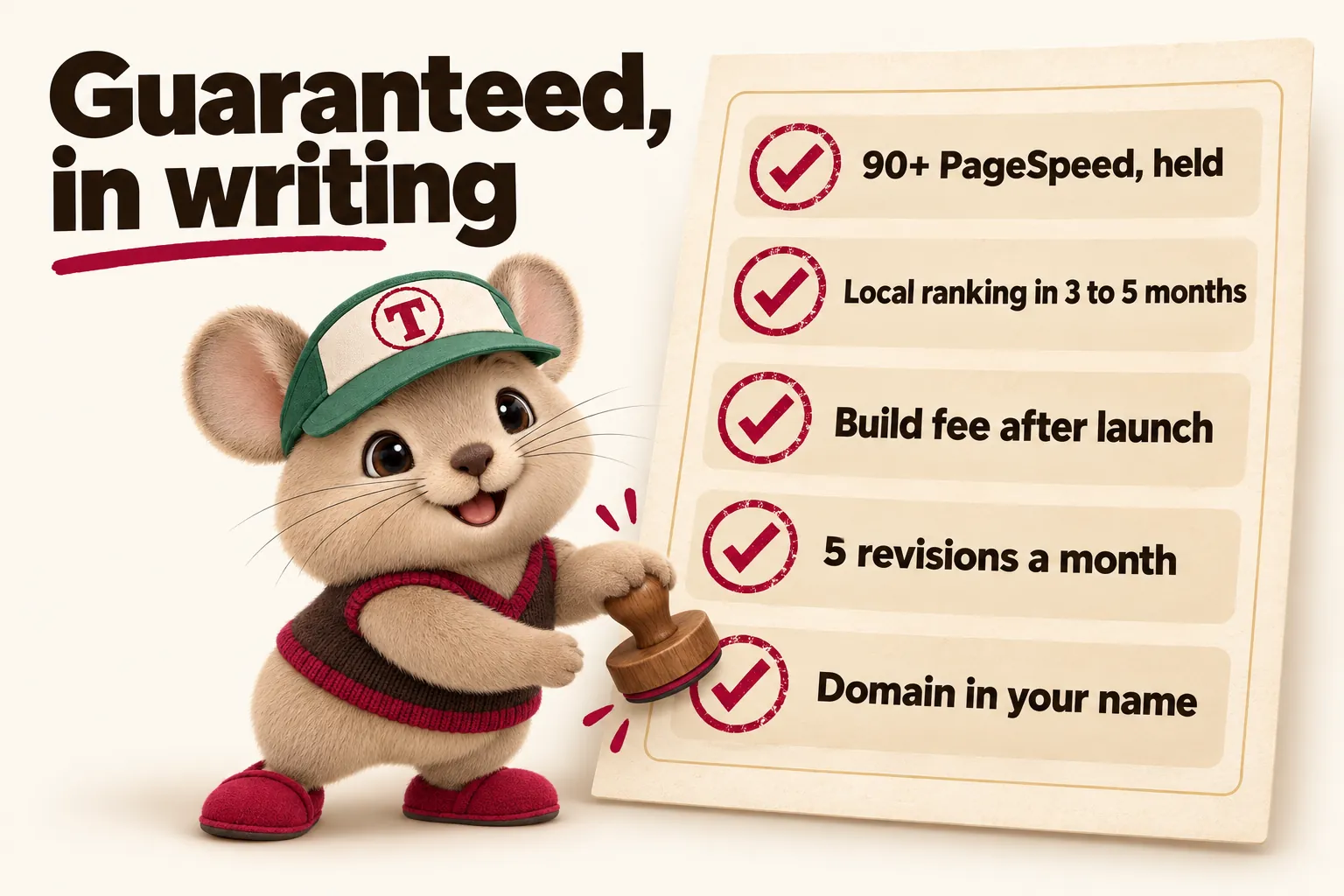 Guaranteed, in writing: 90+ PageSpeed, held; local ranking in 3 to 5 months; build fee after launch; 5 revisions a month; domain in your name. Tidbit stamps each line.