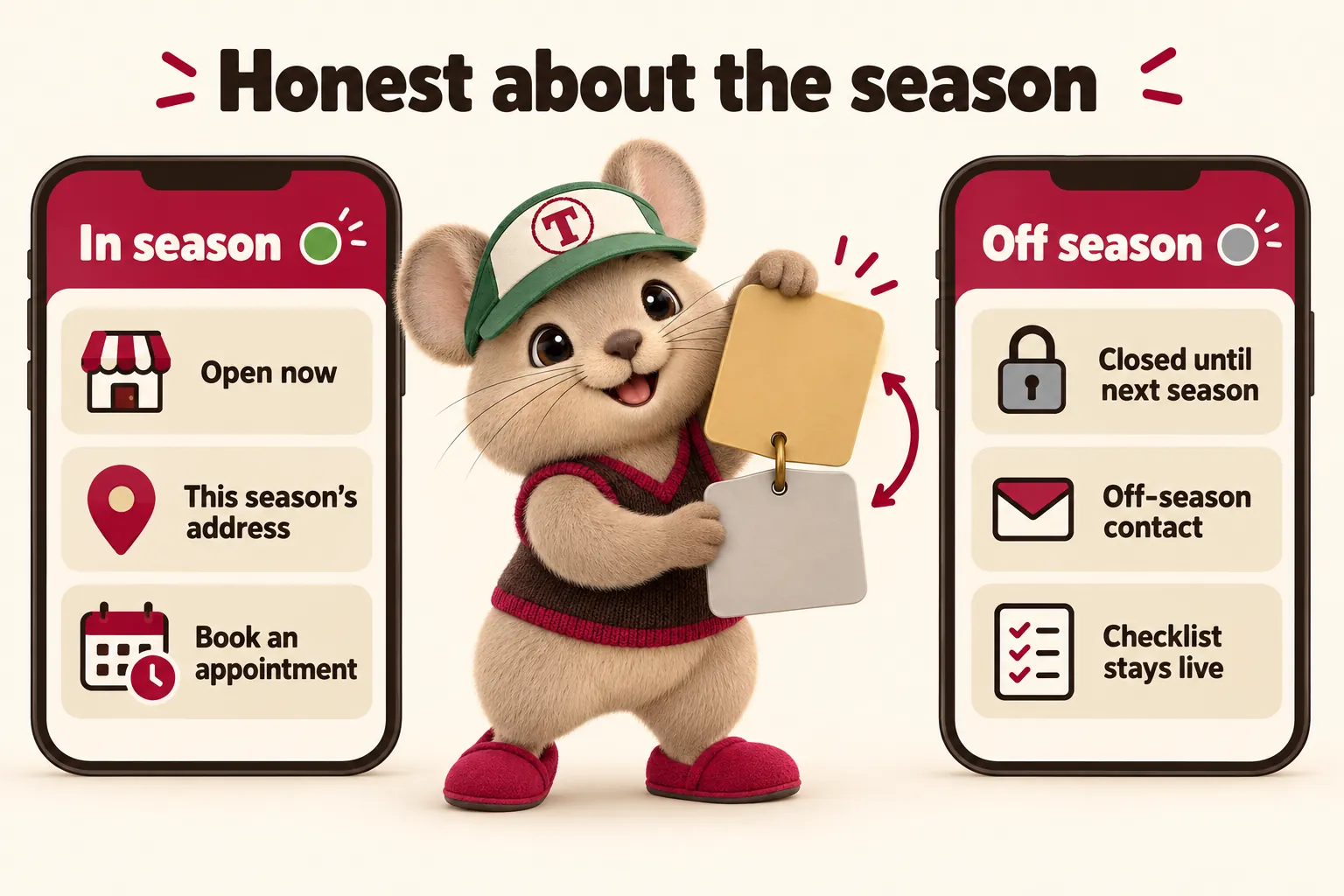 Honest about the season. In season: open now, this season's address, book an appointment. Off season: closed until next season, off-season contact, checklist stays live. Tidbit flips the sign card.