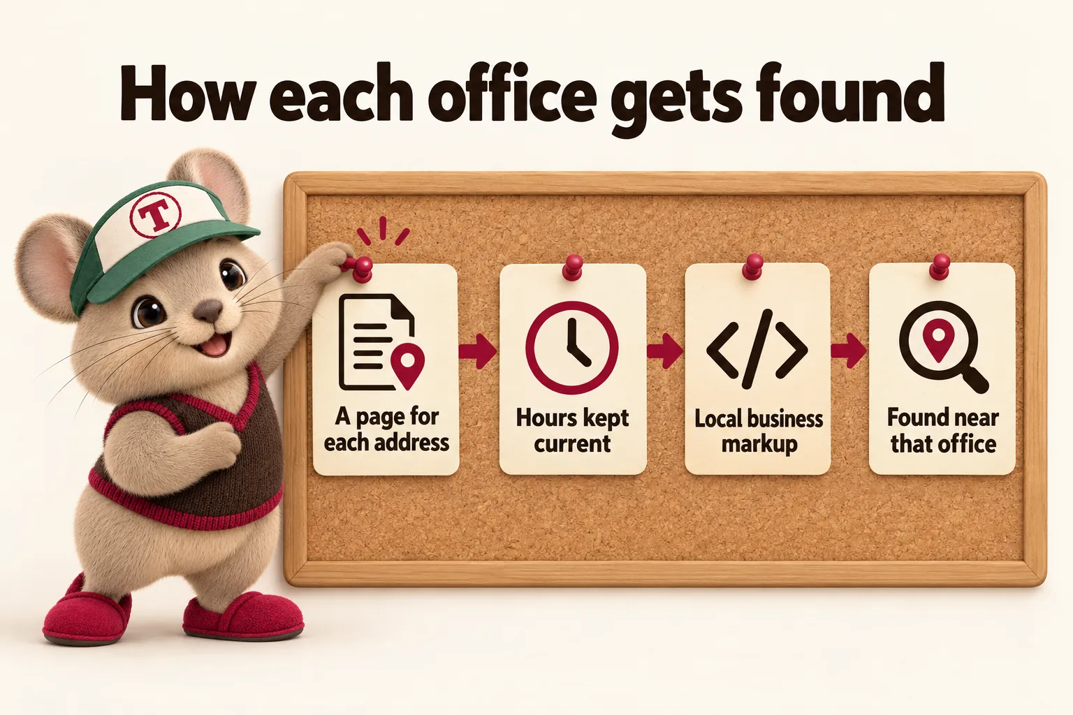 How each office gets found: a page for each address, hours kept current, local business markup, found near that office. Tidbit pins a page to a noticeboard.