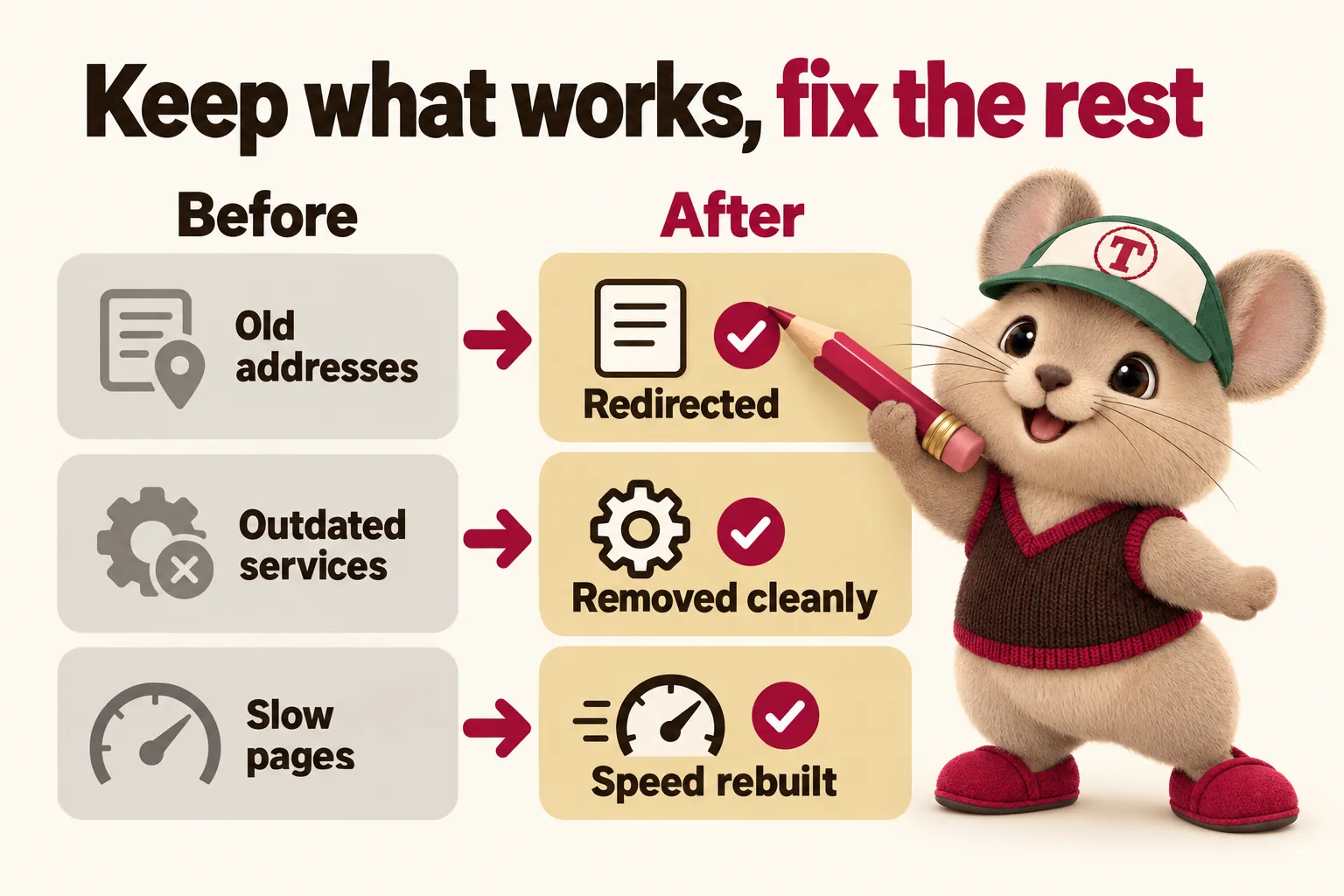 Keep what works, fix the rest: old addresses redirected, outdated services removed cleanly, slow pages speed rebuilt. Tidbit ticks the after column.