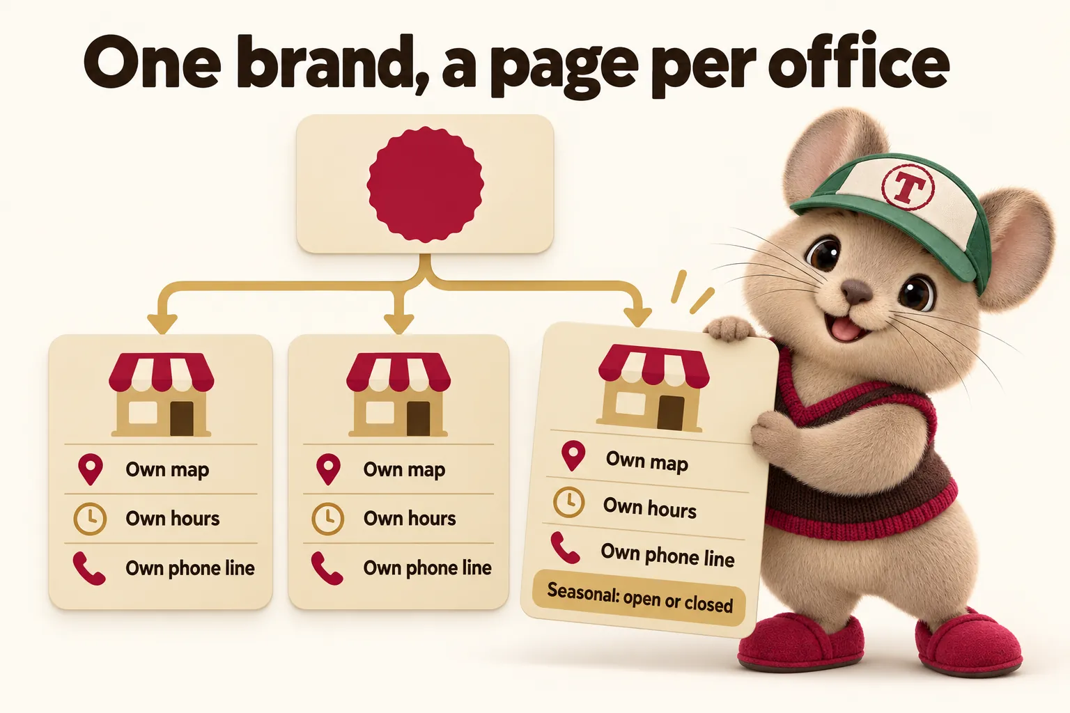 One brand, a page per office: own map, own hours, own phone line, and seasonal offices shown open or closed. Tidbit hangs the third office page on the tree.