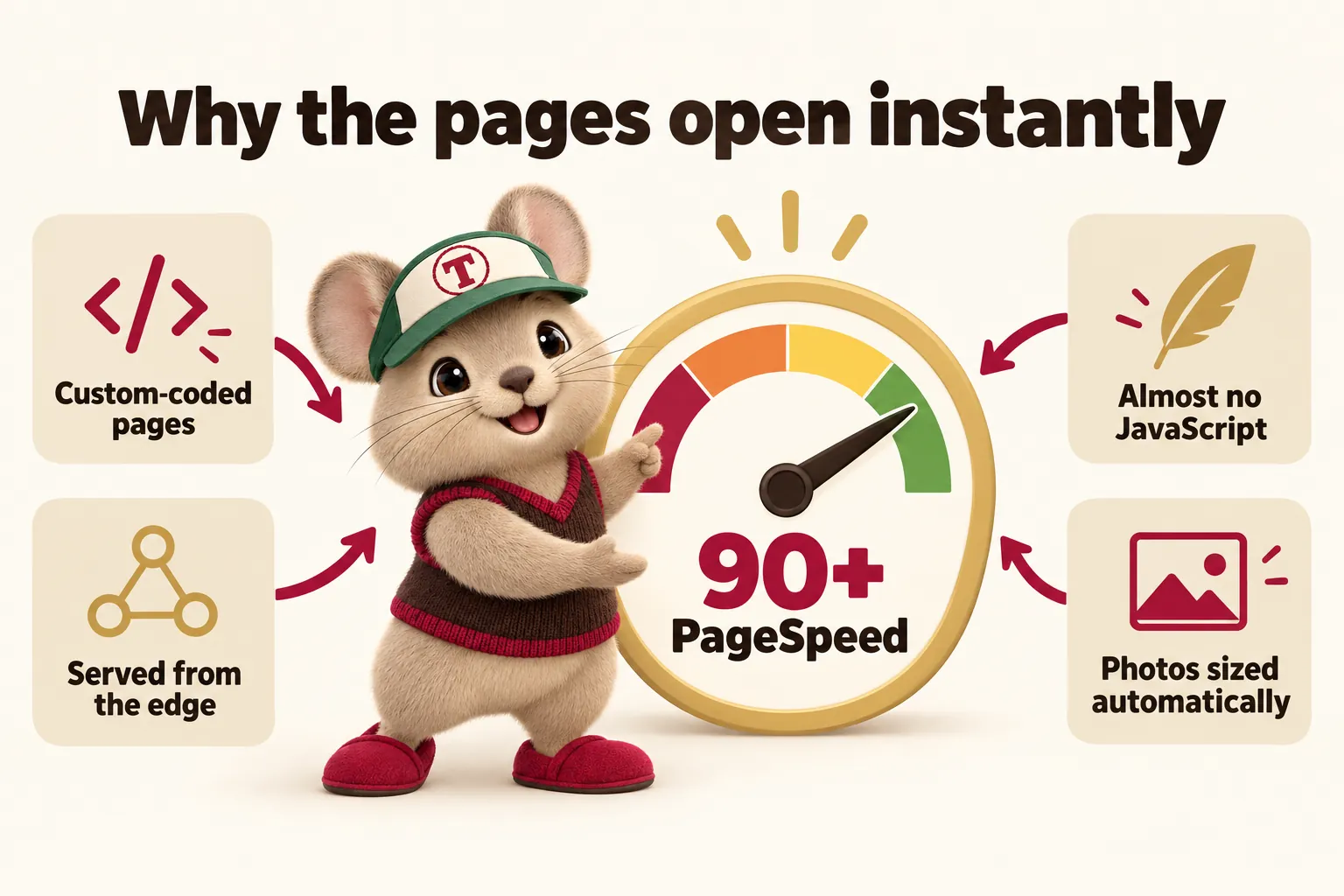 Why the pages open instantly: custom-coded pages, almost no JavaScript, served from the edge and photos sized automatically all lead to 90+ PageSpeed. Tidbit points at the gauge.