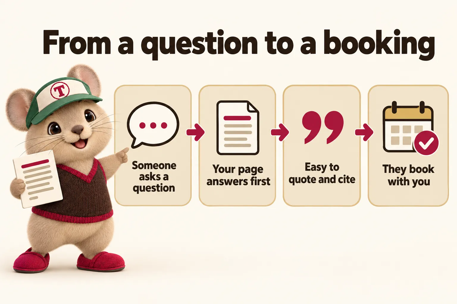 From a question to a booking: someone asks a question, your page answers first, easy to quote and cite, they book with you. Tidbit points along the four steps.