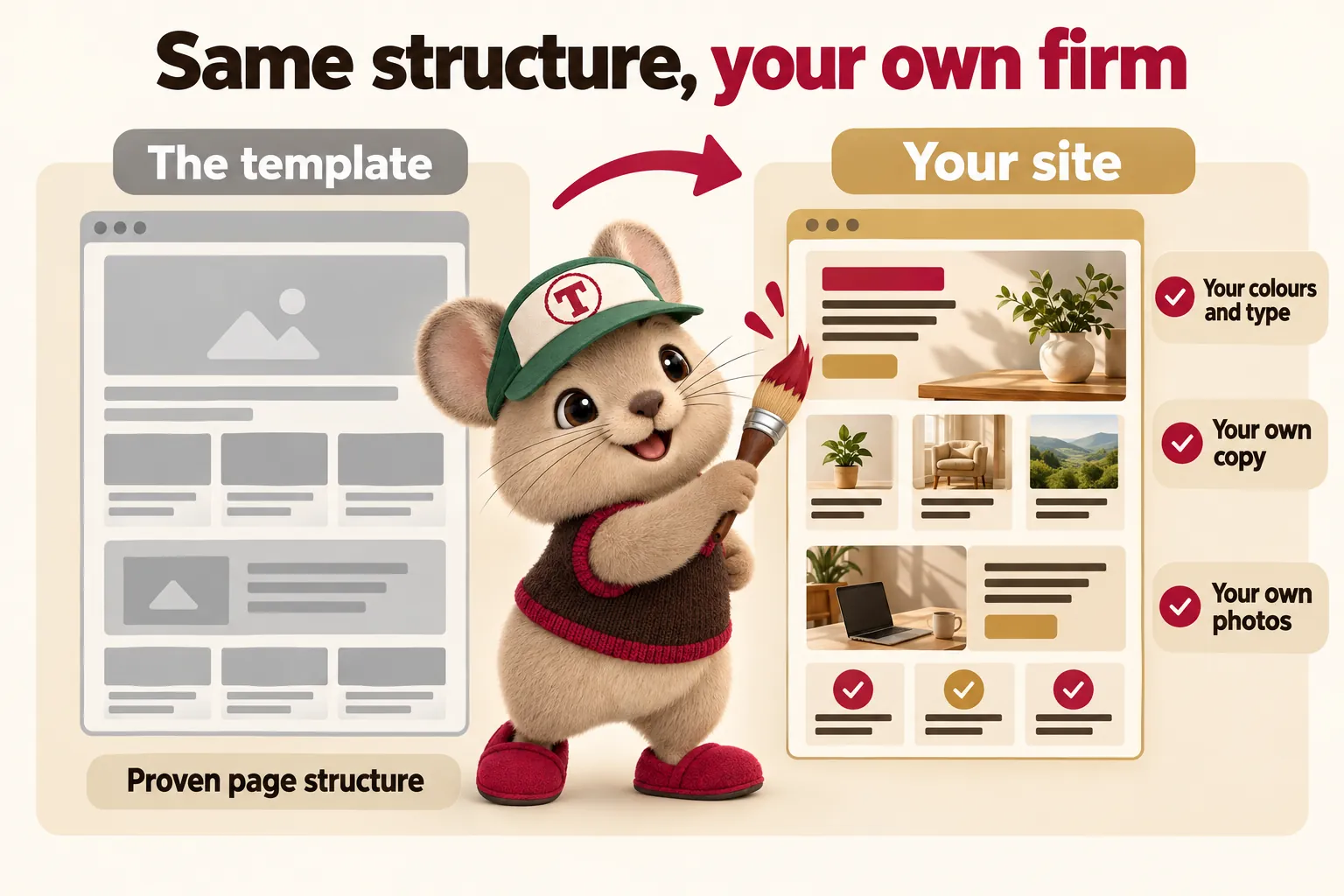 Same structure, your own firm. The template: proven page structure. Your site: your colours and type, your own copy, your own photos. Tidbit paints the finished page.