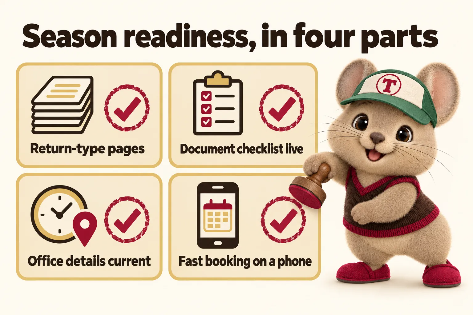 Season readiness, in four parts: return-type pages, document checklist live, office details current, fast booking on a phone. Tidbit stamps the fourth card.