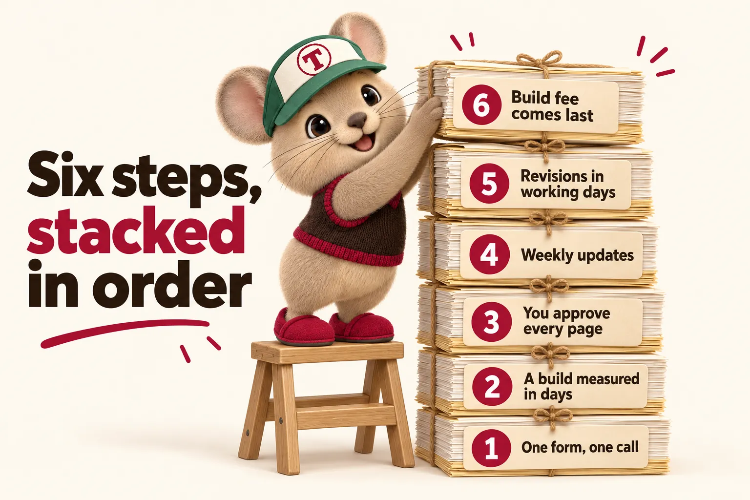 Six steps, stacked in order: 1 one form, one call; 2 a build measured in days; 3 you approve every page; 4 weekly updates; 5 revisions in working days; 6 build fee comes last. Tidbit places the top bundle on the stack.