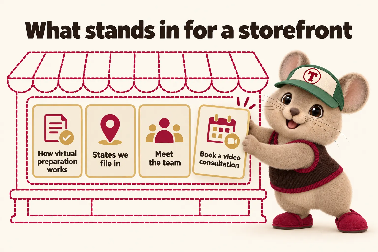 What stands in for a storefront: how virtual preparation works, states we file in, meet the team, book a video consultation. Tidbit places the last page in the window.