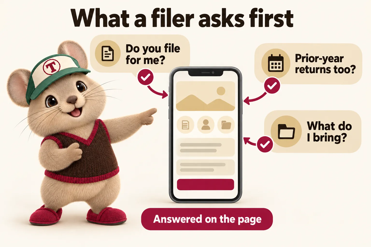 What a filer asks first: do you file for me? prior-year returns too? what do I bring? Answered on the page. Tidbit points at the phone.