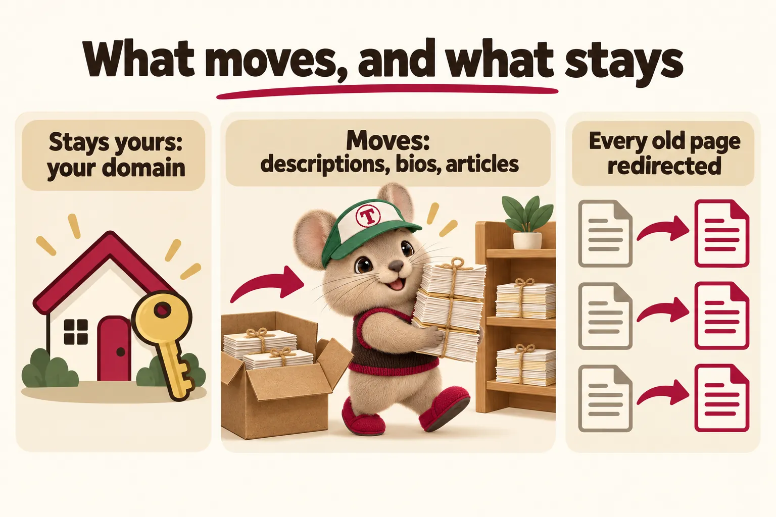 What moves, and what stays: stays yours, your domain; moves, descriptions, bios and articles; every old page redirected. Tidbit carries a bundle to the new shelf.