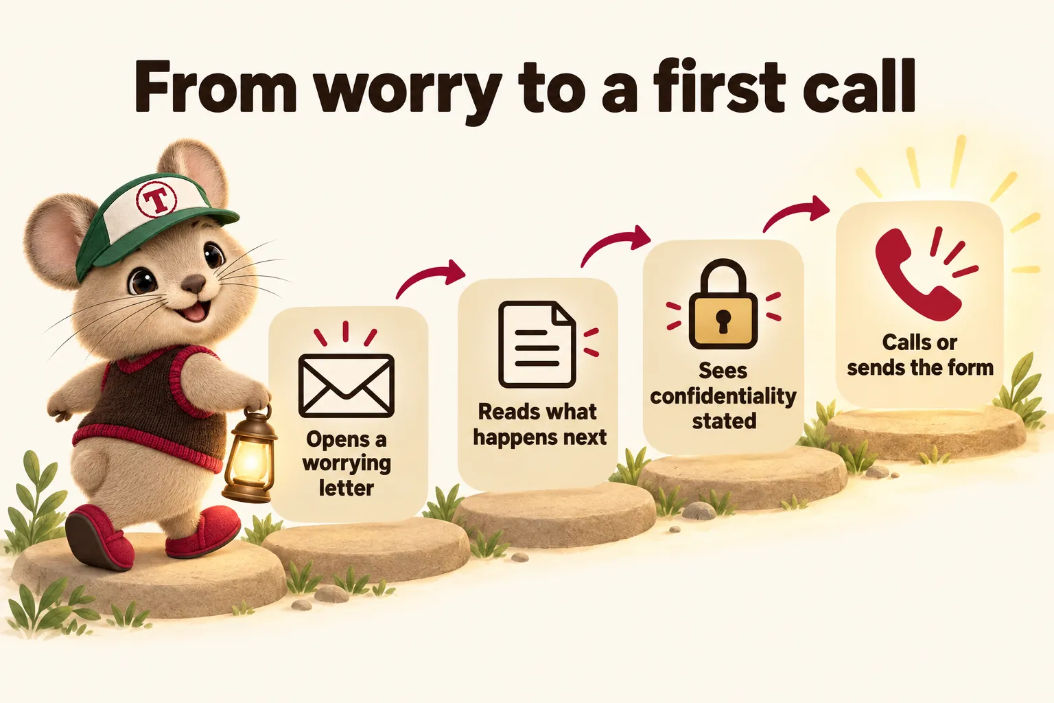 From worry to a first call: opens a worrying letter, reads what happens next, sees confidentiality stated, calls or sends the form. Tidbit walks the path with a lantern.