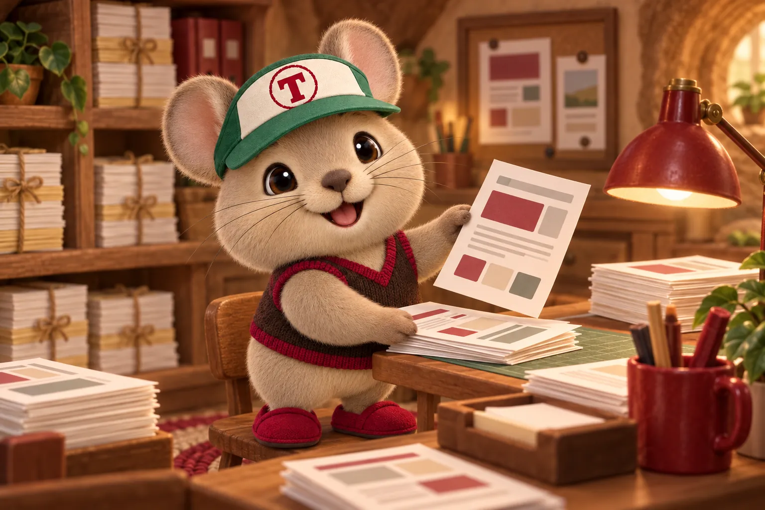Tidbit the pika mascot at a tiny desk arranging printed web page layouts, with shelves of stacked paper bundles behind