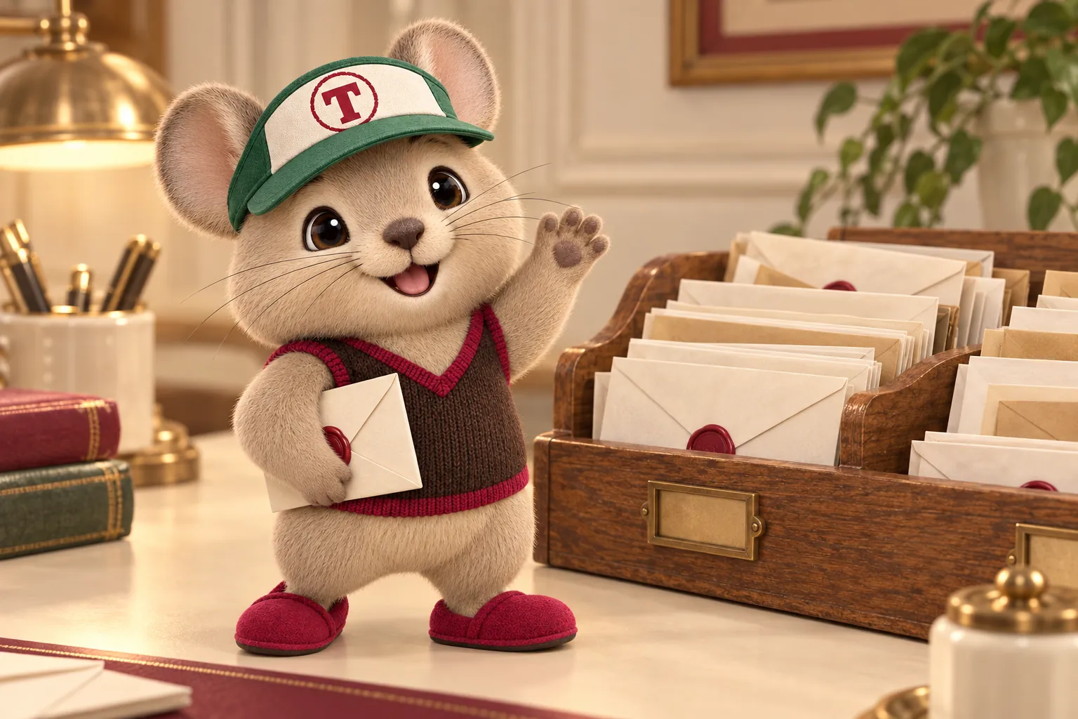 Tidbit the pika mascot waving hello beside a wooden mail tray full of sealed envelopes