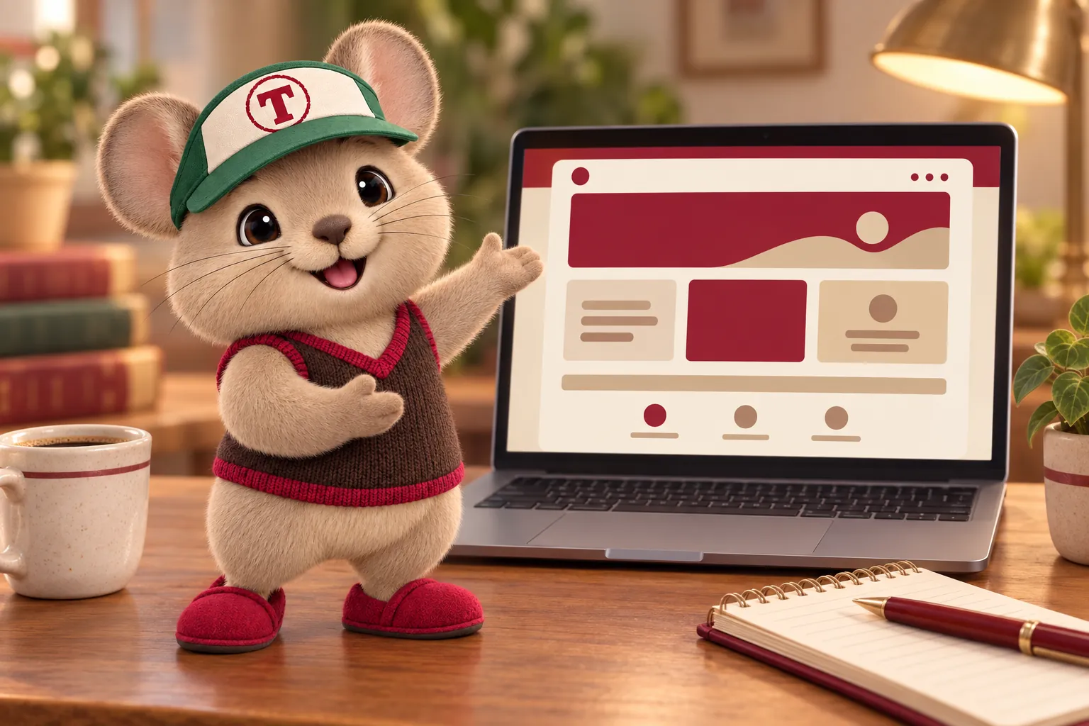 Tidbit the pika mascot presenting an open laptop that shows a website layout