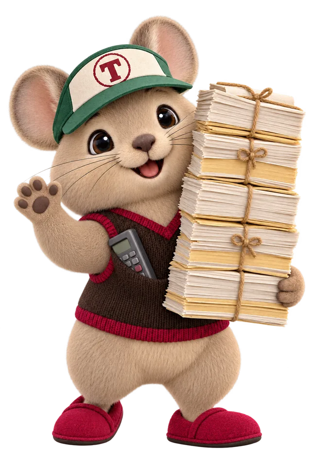 Tidbit the pika mascot waving hello while carrying a tall stack of paper bundles tied with twine