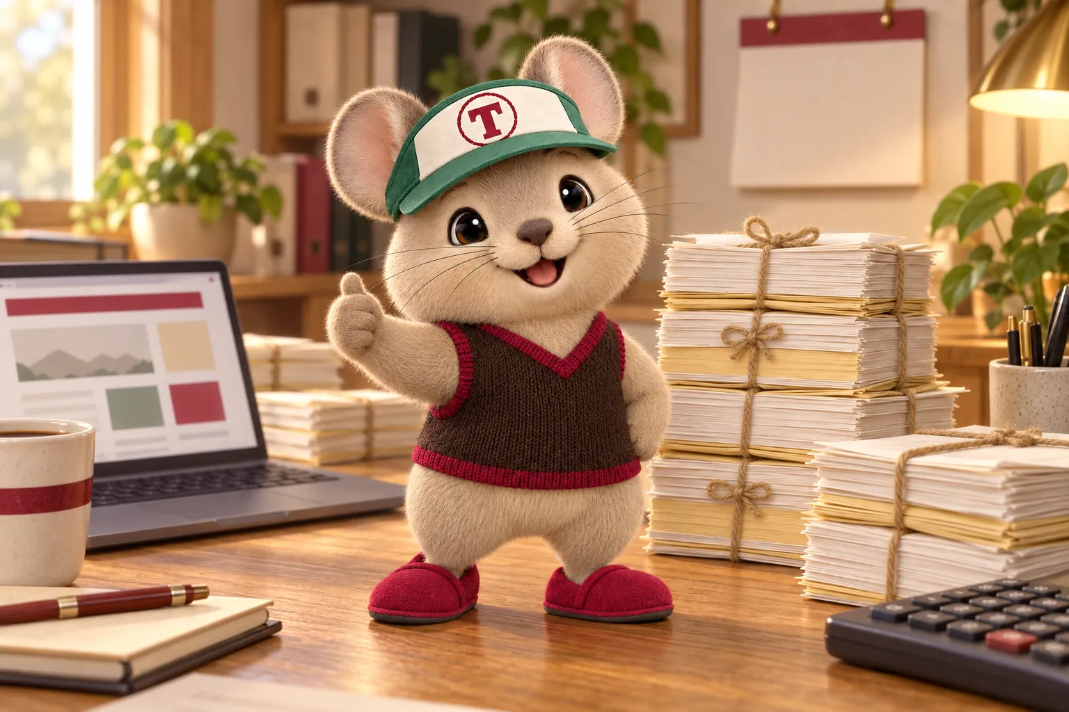 Tidbit, the studio mascot, a tiny pika in a green visor, giving a thumbs-up beside tall stacks of paper bundles on an office desk