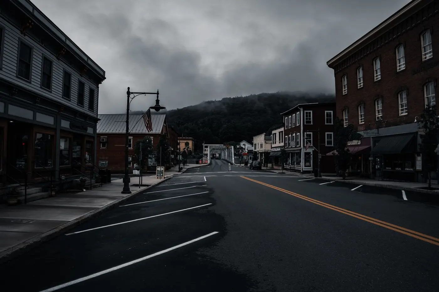 The main street of a small American town lined with local businesses